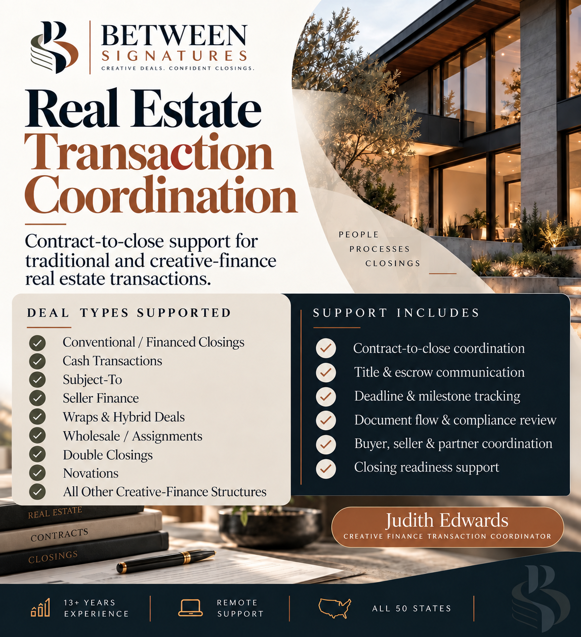 Between Signatures — Real Estate Transaction Coordination. Contract-to-close support for traditional and creative-finance real estate transactions.